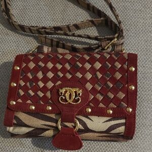 Vintage Sharif Red Suede & Zebra-Accent Crossbody with Gold Hardware
